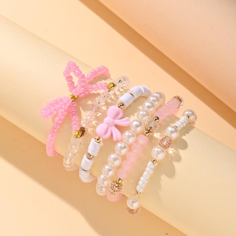 Süßes Rosa Herz Schleife Perlen Armband Set für Damen