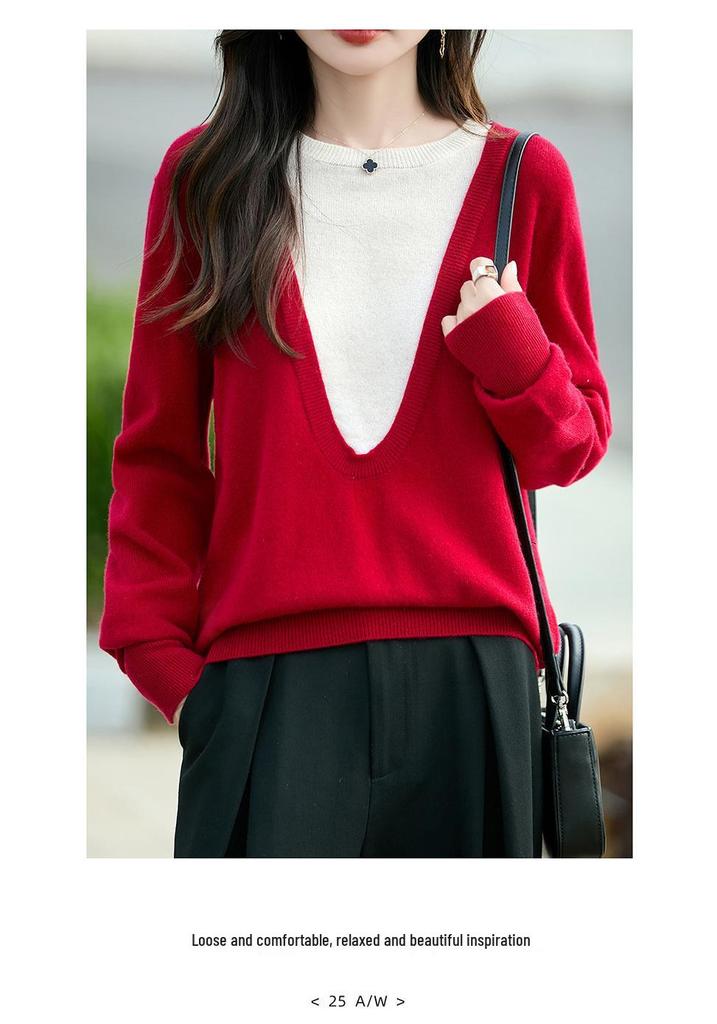 2025 Autumn/Winter Women's 100% Pure Wool Color Block Round Neck Sweater - Versatile Fake Two-Piece Pullover Base Layer