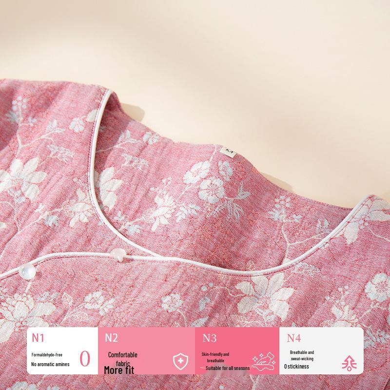 Women's Spring/Summer Red Jacquard Cotton-Linen Pajamas Set with Zodiac Design - Long Sleeve and Pants