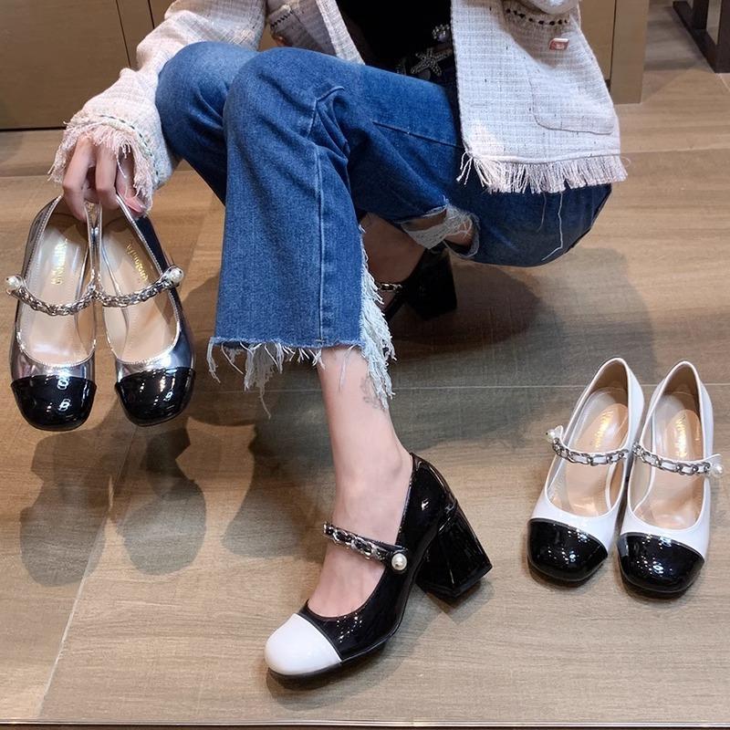 Internet celebrity high heels women's 2025 spring new retro French Mary Jane shoes women's small fragrant pearl thick heel shoes