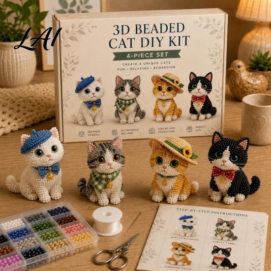 Office Decoration Crafts Tiny 3D Beaded Animal DIY Kit with Instructions Easy Beading Home Decor Project 4 Cute Designs Themed Beadwork for