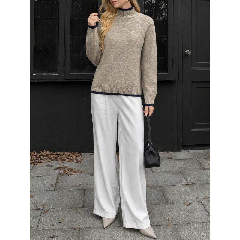 Women Half Turtleneck Color Block Long Sleeve Knitted Loose Pullover Sweater Casual Bottoming Top