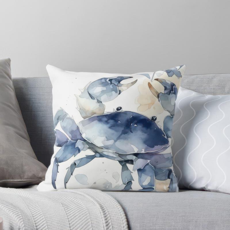 Vikama Coastal Crab Soft Blue & White Beach Villa Decorative Pillowcase Fade-Resistant Home Decor Cushion Cover