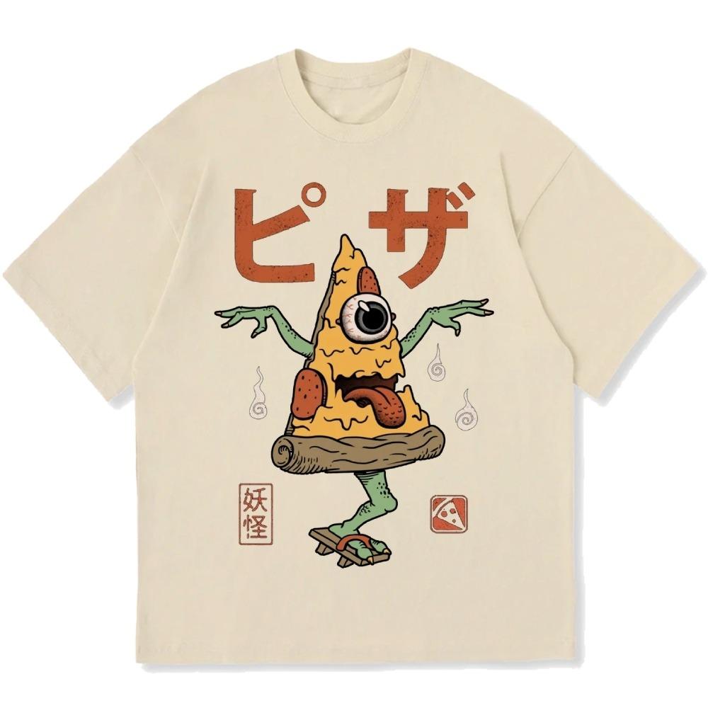 Japanische Pizza Yokai Monster Aufdruck Baumwolle Lässig Herren T-Shirt Sommerurlaub Kurzarm Rundhals Kleidung