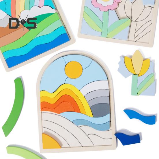 1 szt./3 szt. Zestaw puzzli z drewnianymi kształtami Motyw kwiatów, chmur, wschodu słońca Dopasowywanie kolorów Klocki poznawcze Rozwijanie umiejętności motorycznych Zabawka edukacyjna dla dzieci 3+ lat