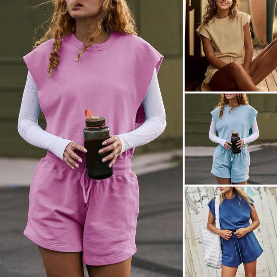 

Летний женский комбинезон без рукавов с эластичной резинкой на талии, однотонный, свободный с открытой спиной и круглым вырезом, повседневная сторона XL небесно-голубой