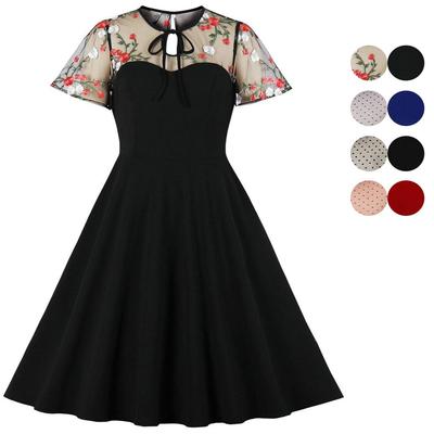 Dámske vintage šaty Kvetinová výšivka Bodky Midi Swing šaty Koktejlové párty oblečenie Večerné Business Casual Formálne Oblečenie na špeciálnu príležitosť
