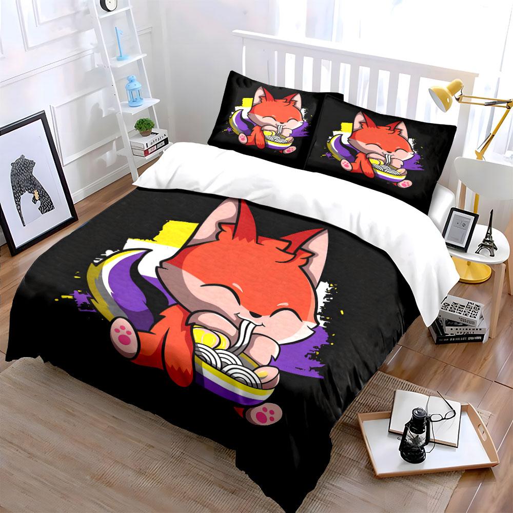 Cute Fox Noodle Art Set Soft Comfortable Duvet Cover Bedding Set Included 1*Duvet Cover & 2*Pillowcases, Gift