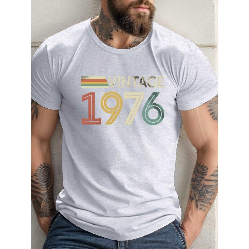European Size Men'S Summer T-Shirt, 1976 50Th Birthday Interesting Text Patterns Graphic Print Short Sleeve Tees Trend Casual Tops for Daily Life