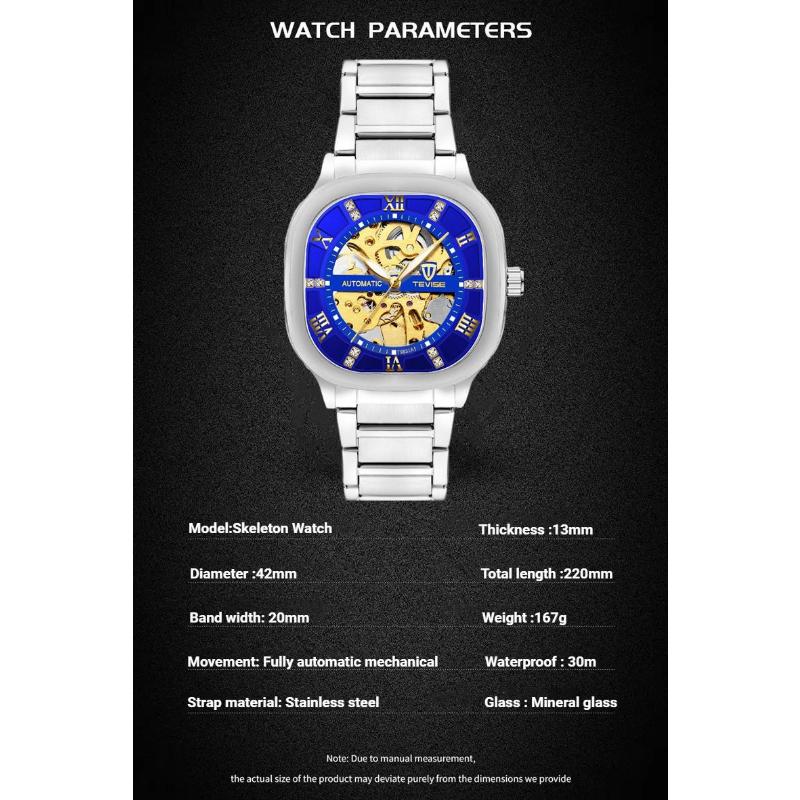 TEVISE Automatic Mechanical Watches for Men Stainless Steel Waterproof Skeleton Watch Square Dial Luminous Fashion Business Wristwatch