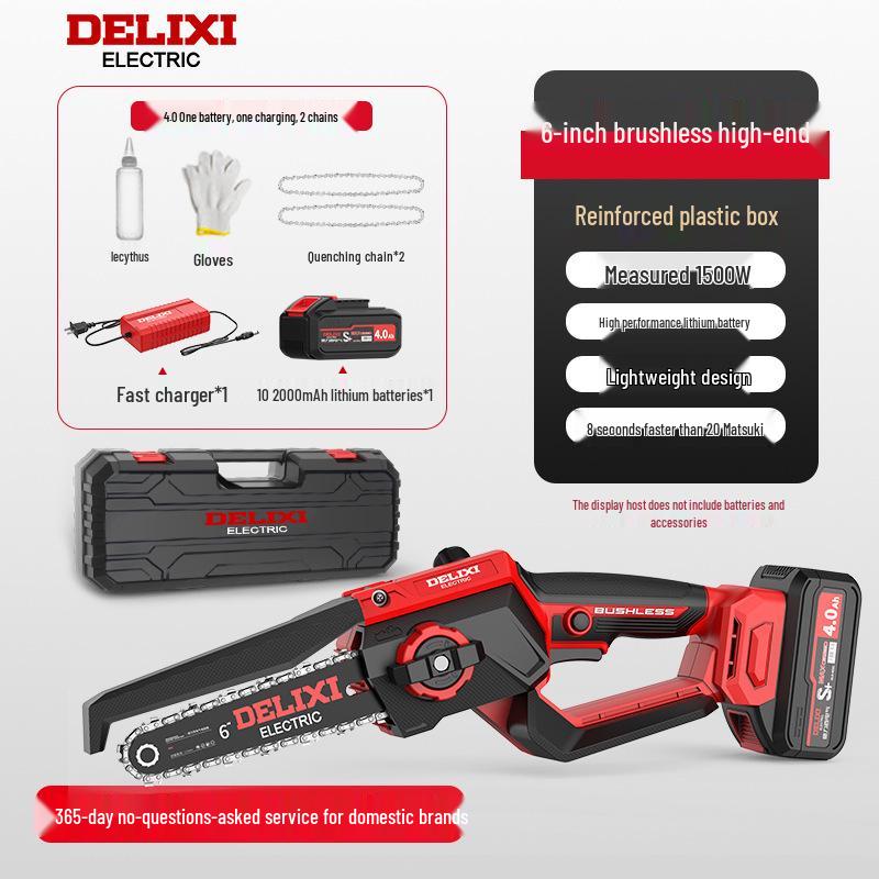 Delixi Cordless Brushless Electric Chainsaw: High-Power, Handheld Lithium Battery Saw for Home Tree Cutting.