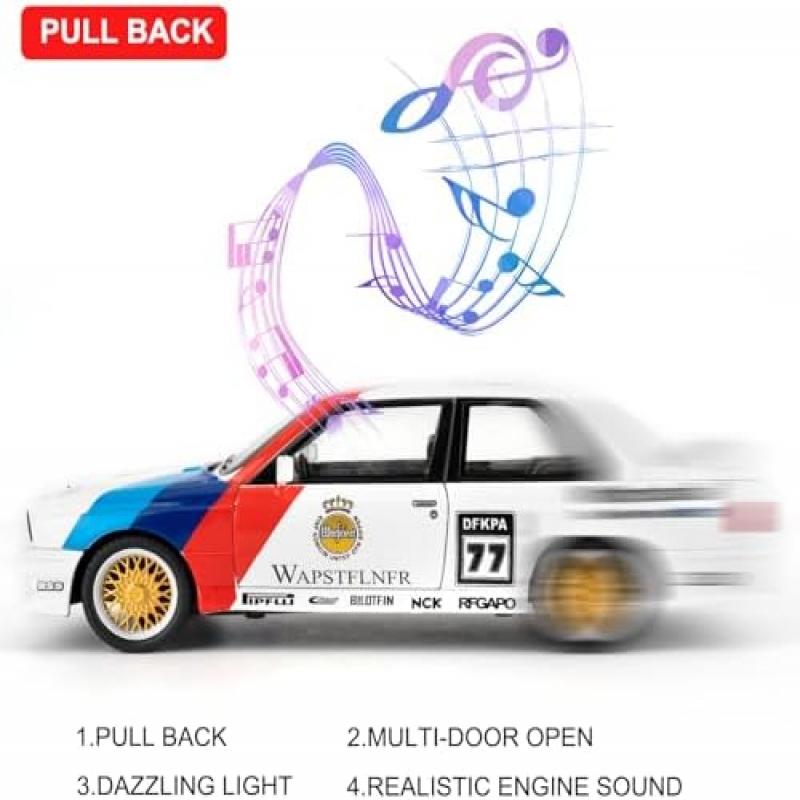 Imtfzct 1:M3 Die-Cast Modellauto im Maßstab 1:24, Weiße Sammleredition mit Sound & Licht und Rückziehfunktion, Spielzeugauto Geschenk für Kinder