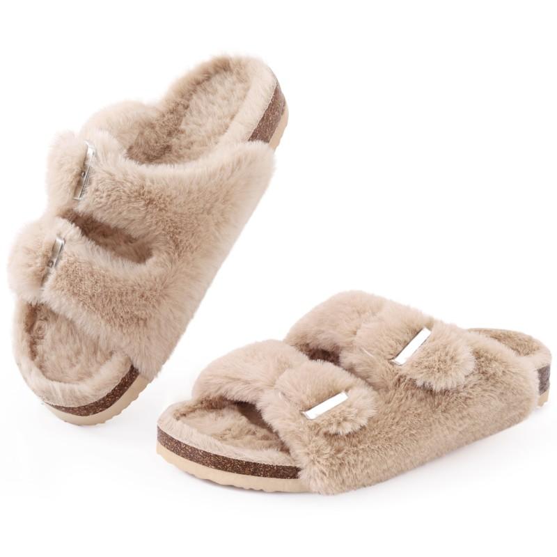 Fashion Kidmi Womens Fuzzy Slippers with Arch Support Adjustable Buckles New Fashion Cork Footbed Slides Open Toe Indoor Shoes for Women