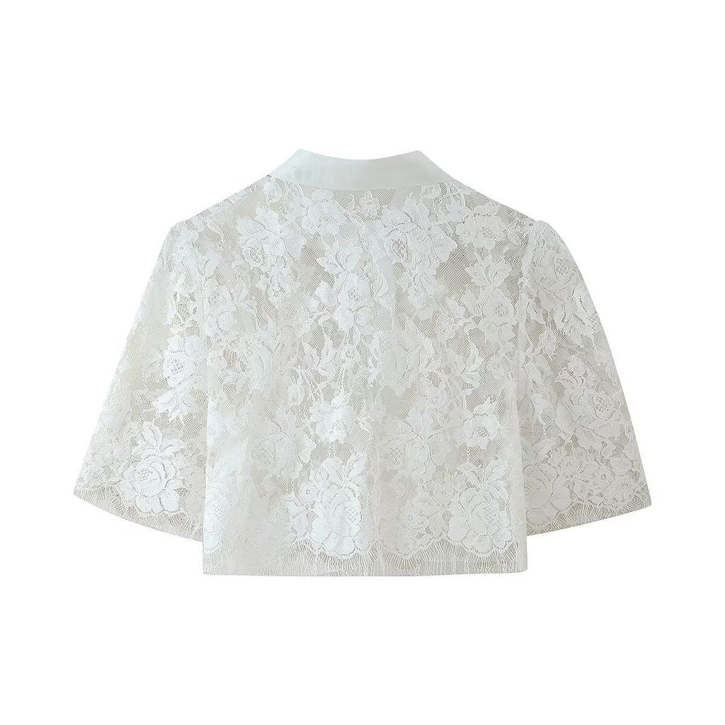 European and American French women's lace short-sleeved shirt bow skirt two-piece set