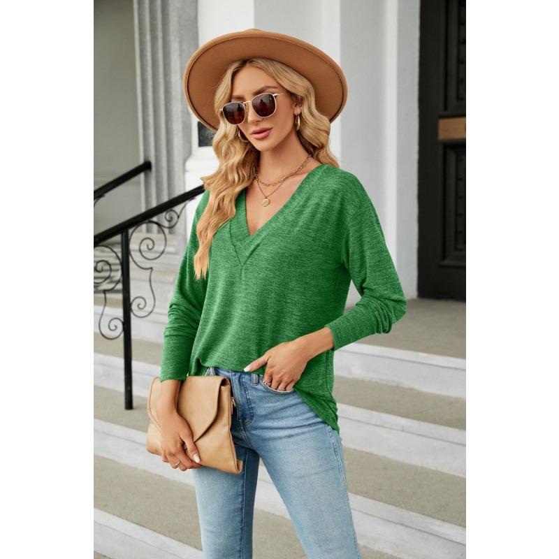 Vår og høst kvinners bluse ensfarget V-hals løs uformell langermet topp