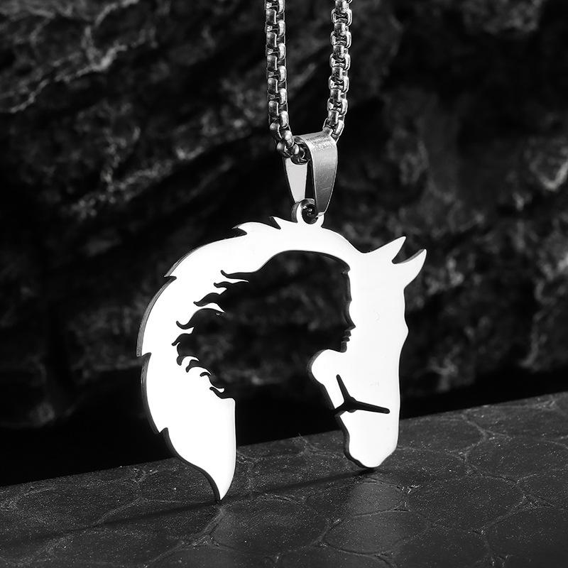 Stainless steel hollowed-out retro horse head girl sweater chain, women's sweatshirt necklace, men's hip-hop personality pendant