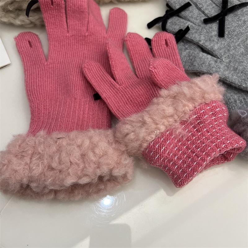 

New plush cuff knitted five-finger gloves girls winter warm touch screen sweet bow gloves one size fits all небо синє кольору