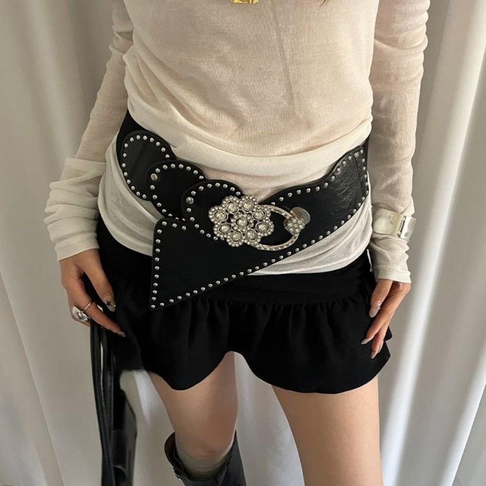 Rhinestone Flower Retro Street Rivet Belt Rivet PU Leather Belt Fashion Wide Waistband  Pants
