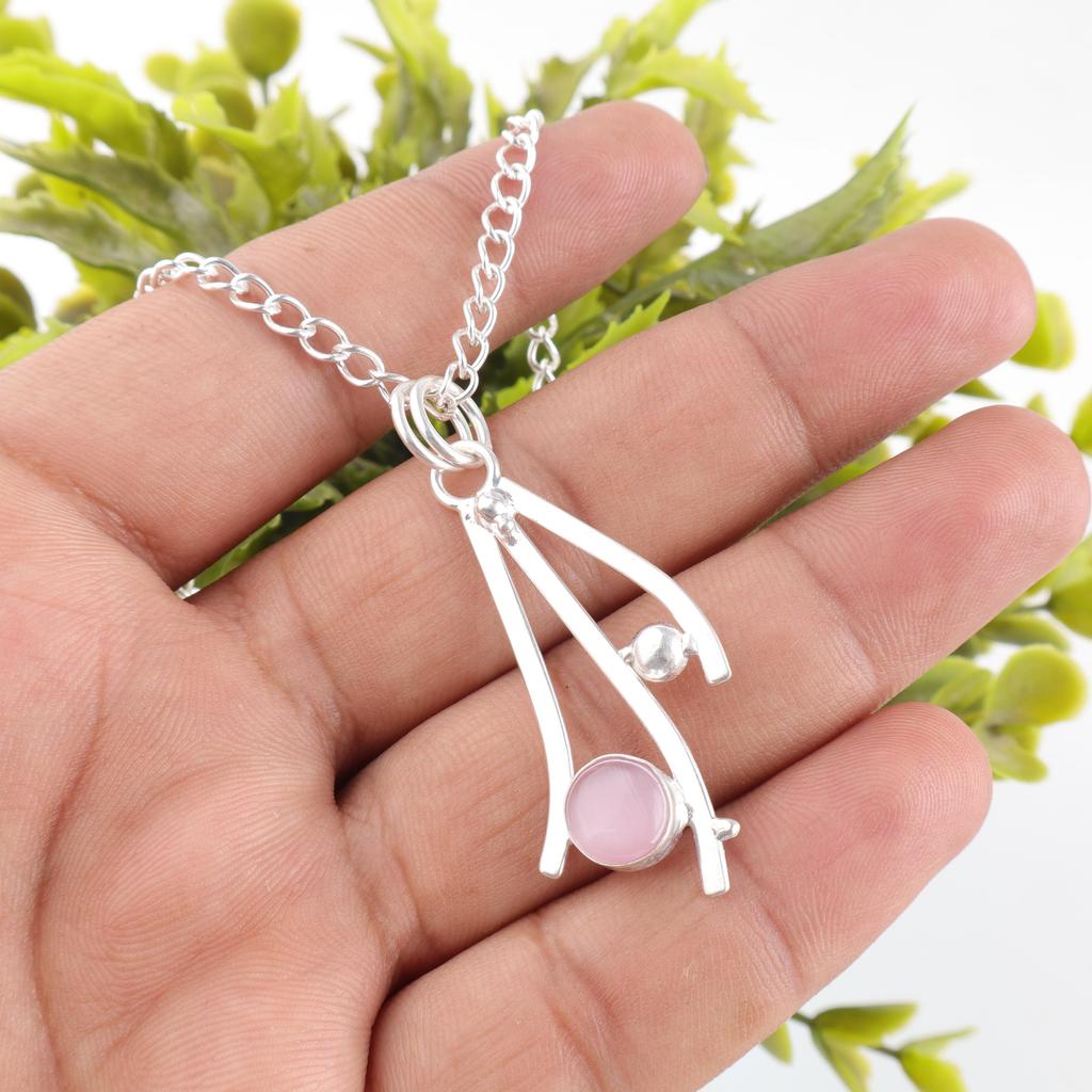 Pink Cat's Eye Gemstone Jewelry, Handmade 925 Solid Sterling Silver Pendant, Attractive Silver Chain Pendant For Wedding Gift