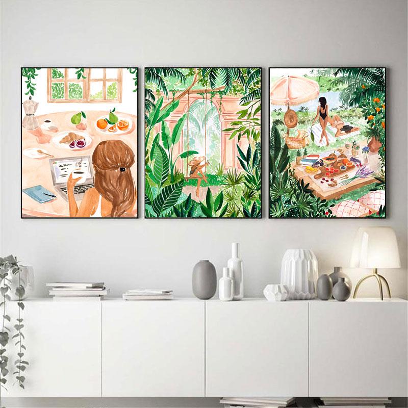 Beach Pool Moroccan Tropical Jungle Swing Meadow Wall Art Canvas Painting Posters and Prints Wall Pictures for Living Room Decor