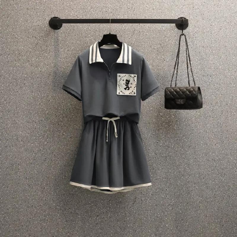 

Women s Summer Embroidered Casual Shorts and Top Two-Piece Set - Korean Style, Plus Size, Sporty, Age-Reducing Fashion. 4XL [250-300 lbs] серый