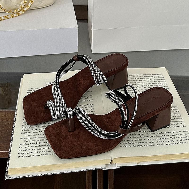 Fashion Luxury Fashion Rhinestones Ladies Square Heels Pumps Shoes Female Slip On Footwear Women Heels Pumps Slides Shoes Sandals