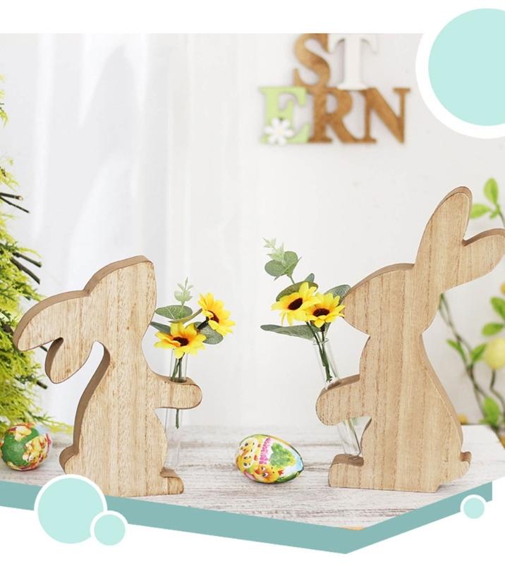 Delicate Easter Inspired Rabbit Shaped Flower Display Stand Handmade Wood Rabbit Ornament for Home and Office Decor