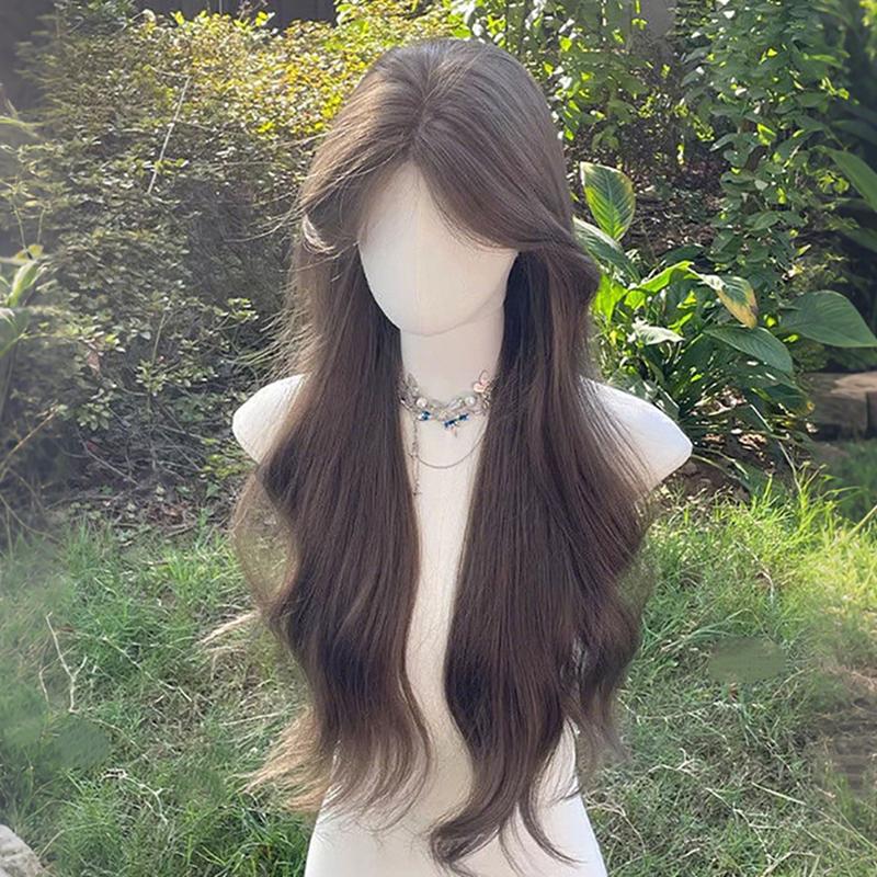 Daily Wear Wig Cold Brown Natural Middle Part Eight-Character Bangs Big Waves Flattering Face Slimming