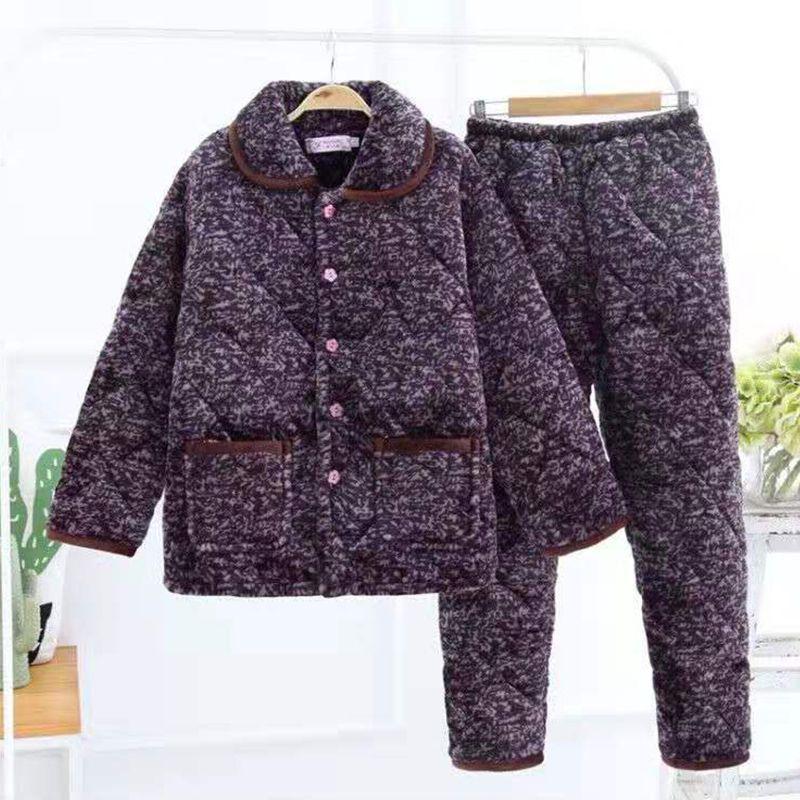 Three-Layer Fleece-Lined Quilted Winter Pajama Set for Elderly Women - Warm Coral Fleece Home Wear & Outerwear