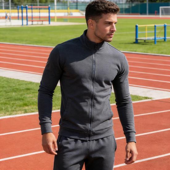 Men Zip-up Sweatshirt Mock Neck Long Sleeve Jacket Solid Color Full Zip Casual