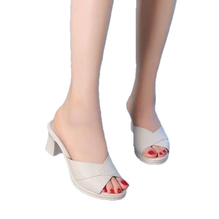 High-heeled cool slippers New year's outer wear Summer thick heel soft bottom fish mouth thick bottom one-word drag