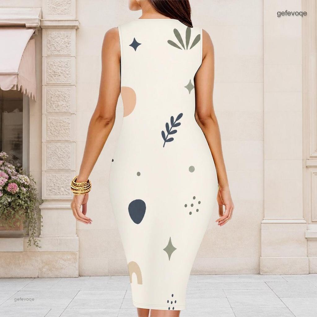 Women Plus Size Round Neck Sleeveless Printed Bodycon Midi Dress