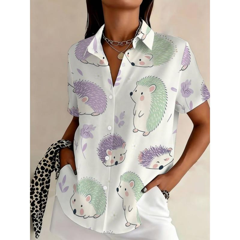 Women's Cute Doodle Floral Print Button Down Shirt, Casual Collared Tops for Spring Summer Daily Vacation Wear