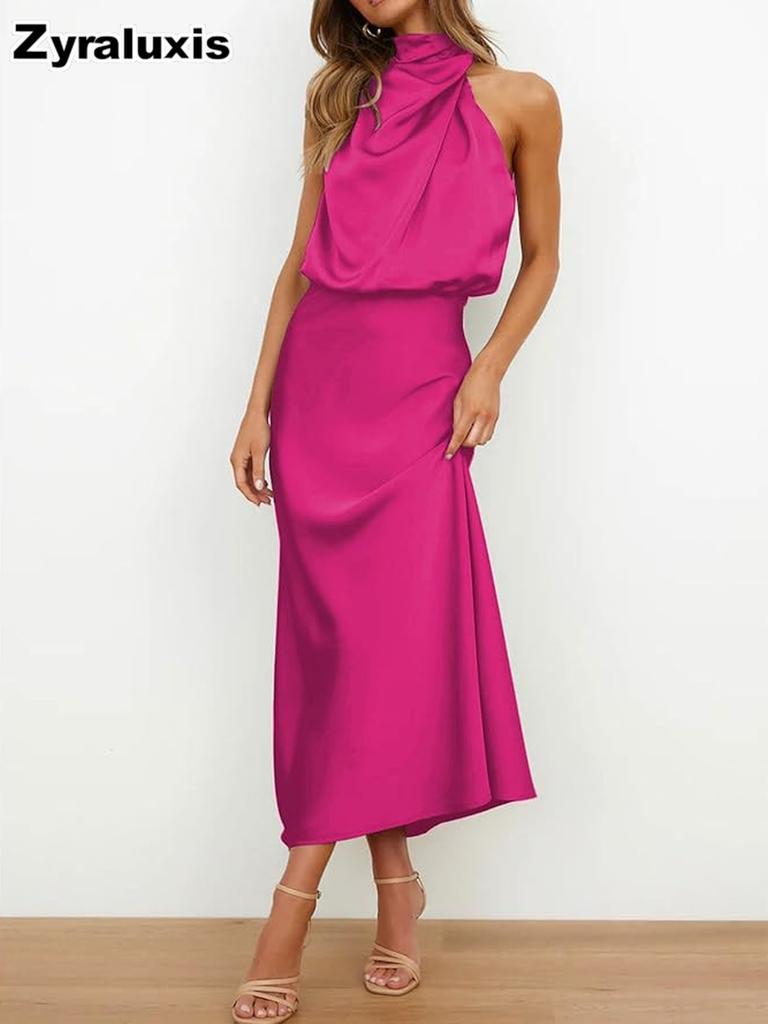 Luxury Satin Sleeveless Dress for Women - Elegant Evening Gown for Spring/Summer Collection