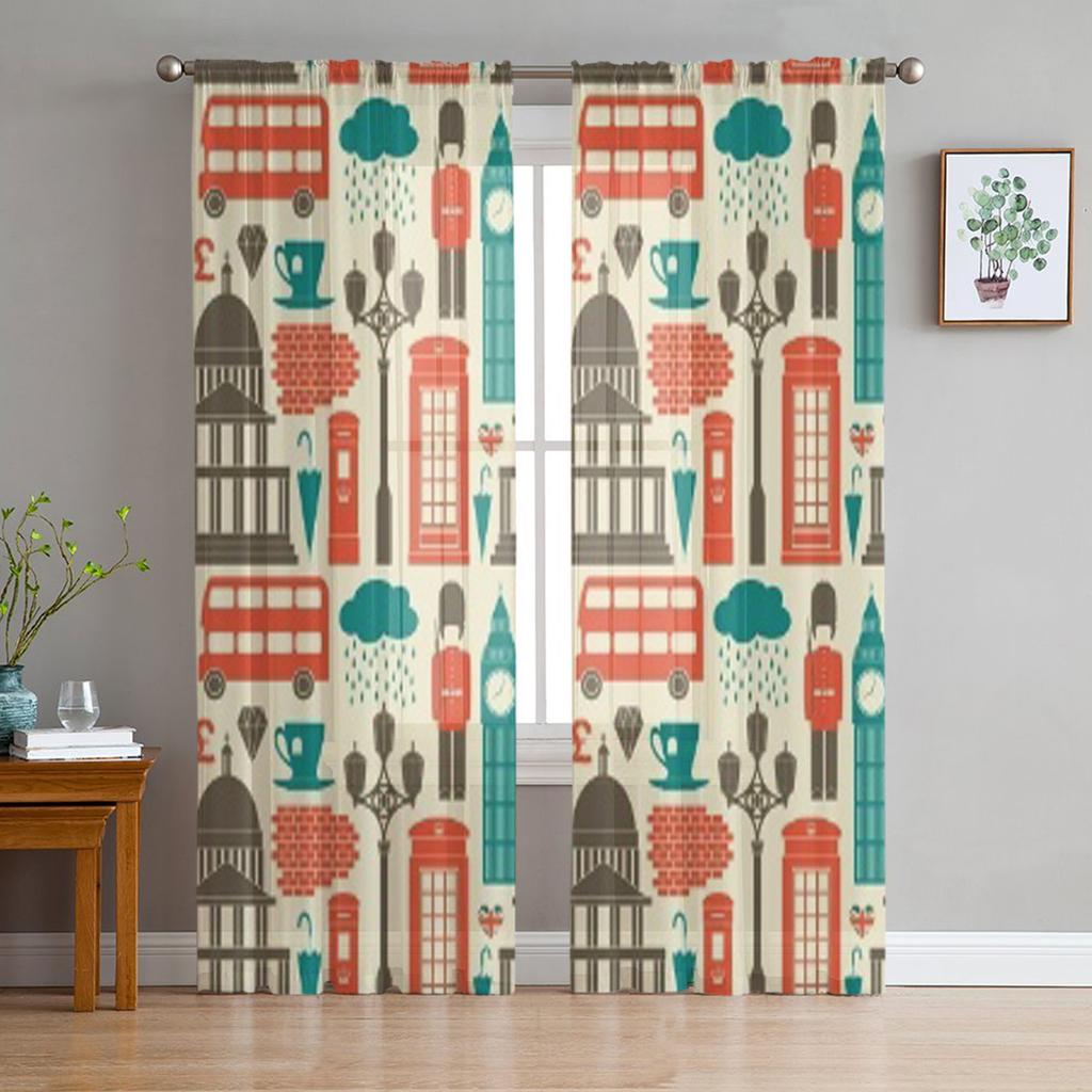 London Symbole und Wahrzeichen Luxuriöse Chiffon Sheer Vorhänge für Wohnzimmer Schlafzimmer Dekoration Fenster Voiles Tüllvorhang