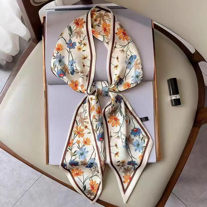 Silk Scarf: Long, Narrow, High-End Print for Spring and Summer - Versatile as Shirt Ribbon, Belt, or Hair Tie.