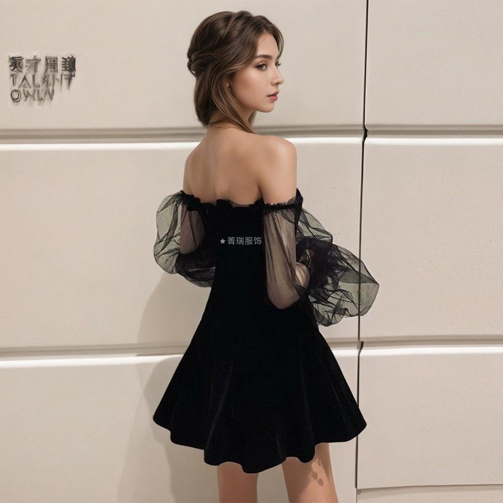 Letní dámské čisté gázové patchworkové šaty s čtvercovým výstřihem, balónovými rukávy a halterovým střihem, malé černé šaty