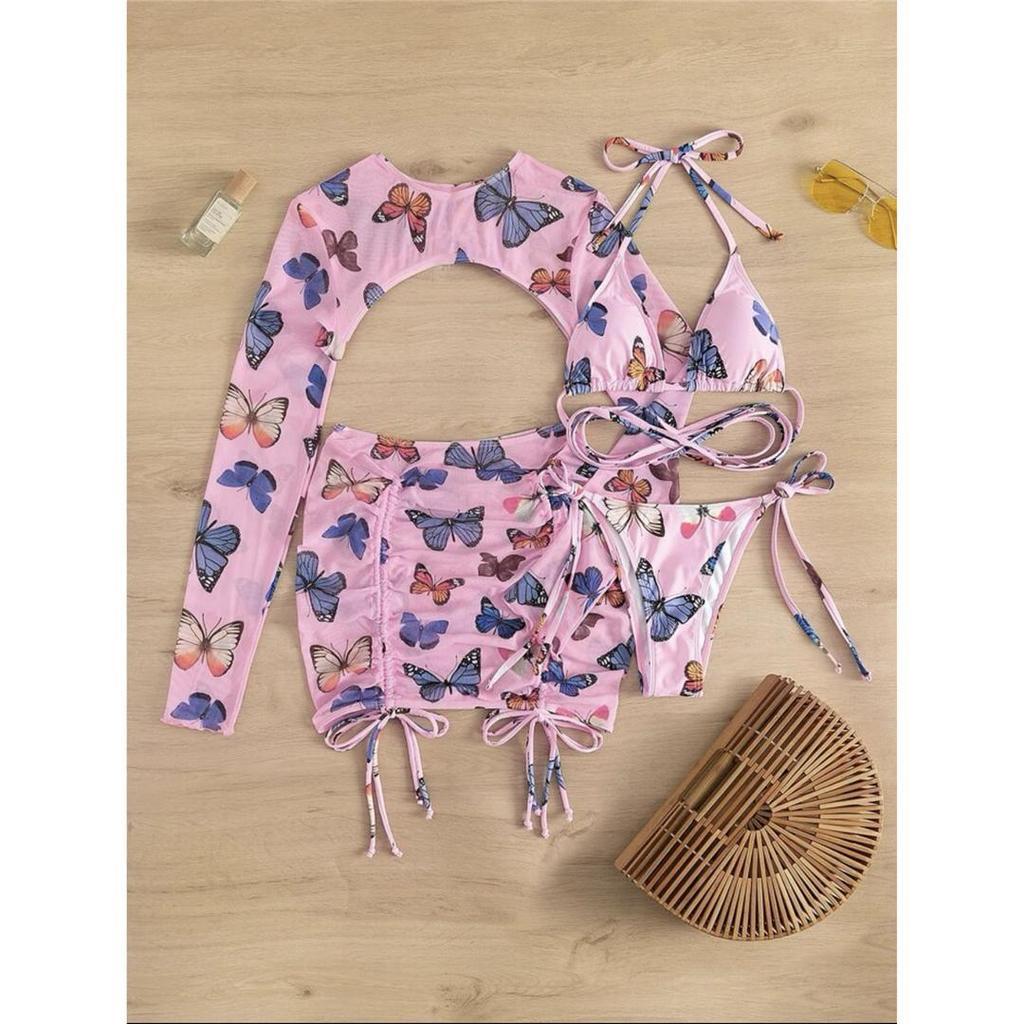 Schmetterling Gedruckt Mit Rock Bikini Frauen Bademode Weiblichen Badeanzug Vier-stück Bikini set Badende Badeanzug Schwimmen Dame