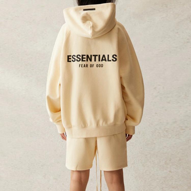 Fear of God Essentials Logo Print Fleece-Lined Hooded Sweatshirt Unisex Sweatshirt Cream FOG-SS21-574