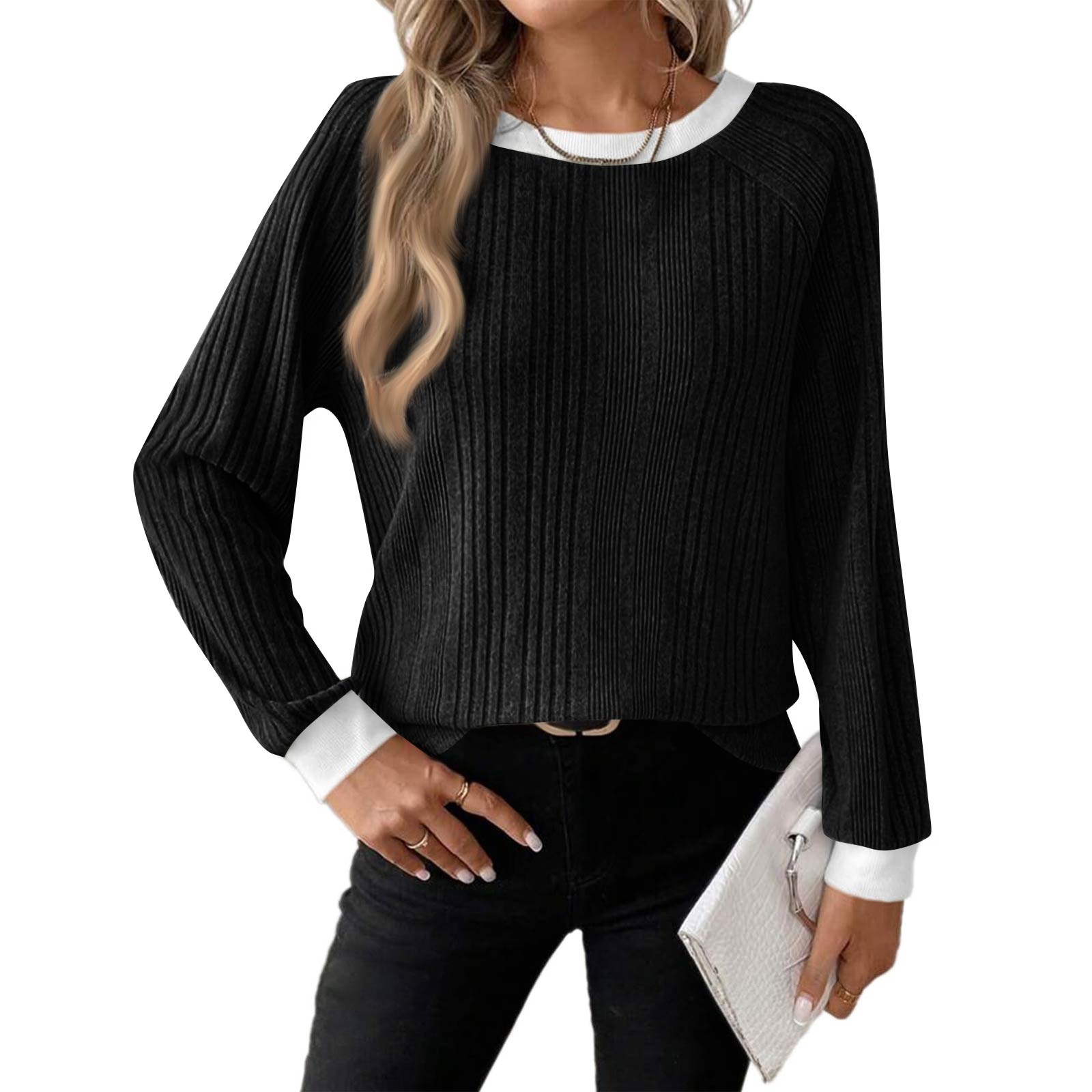 

Женский модный повседневный топ с круглым вырезом, однотонный, с длинным рукавом L чёрный