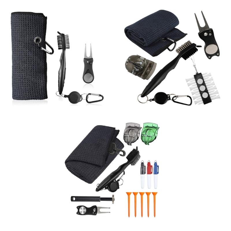 Multi-in-1 Golf Club Cleaning Set Microfiber Towel Brush Divot Tool Line Marker and Pitch Repair Tool for Men Women