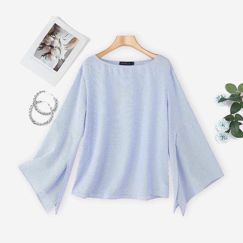 ZANZEA Women Stripe Print Casual Round Neck Long Sleeve Blouse