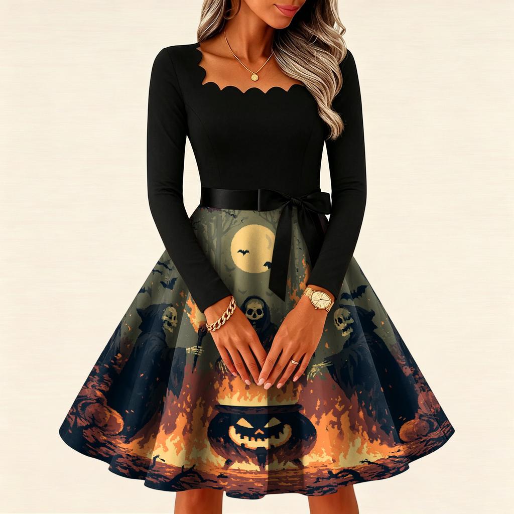 Women's Vintage Long Sleeve Square Neck Dress with Halloween Print for Party Evening Wear