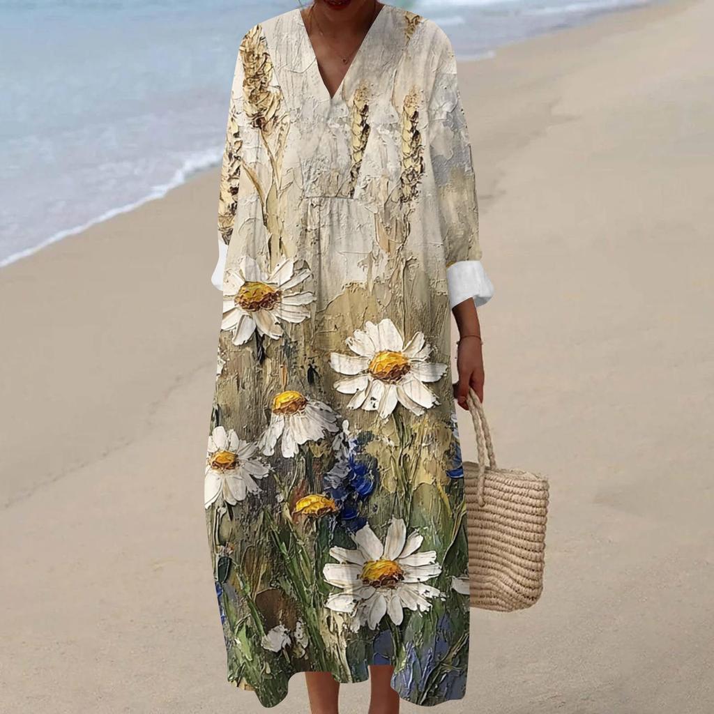 Dámské ležérní módní maxi šaty s výstřihem do V a dlouhým rukávem s květinovým potiskem