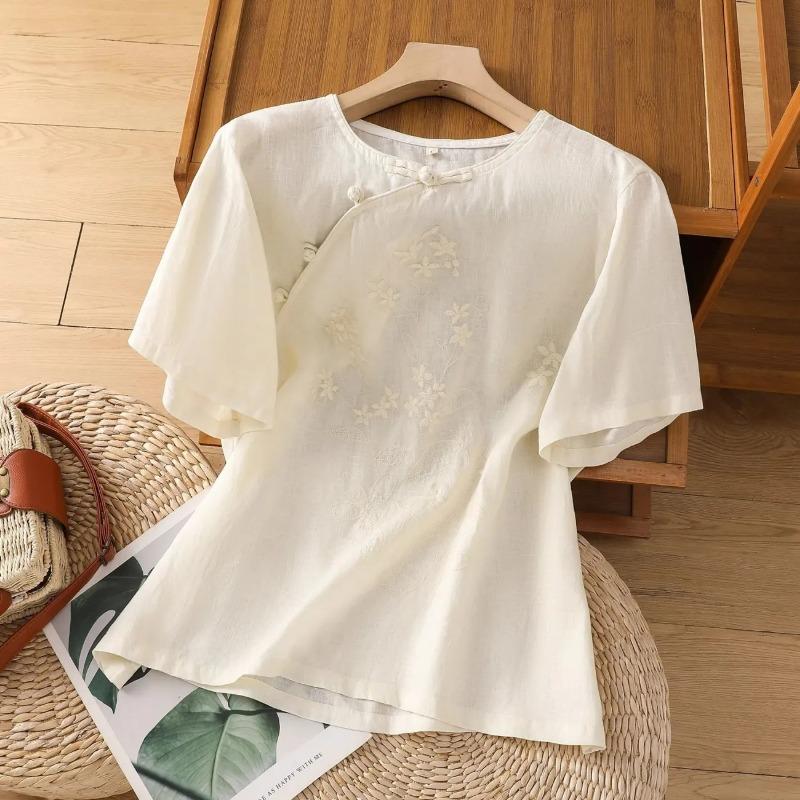 Summer Simple Shirt Women Literary Retro Round Neck Chinese Style Oblique Placket Embroidered Disc Button Short Sleeved Loose Top