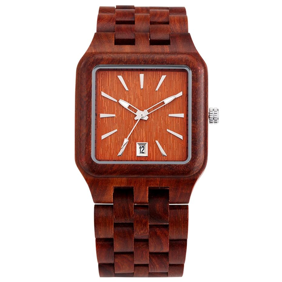 Retro Wood Calendar Watches for Men Creative Rectangle Dial Clock Man Full Natural Wooden Band Watch Date Quartz Wrist Watches