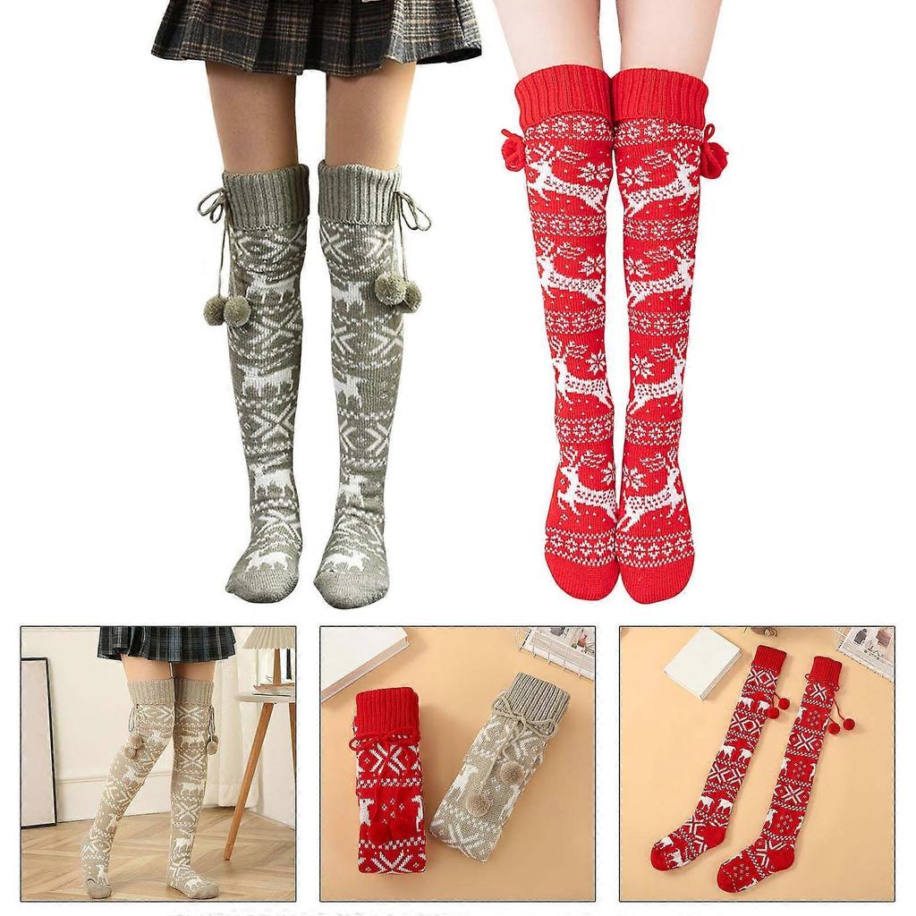 Over the Knee Christmas Long Socks Jacquard Knitted Thigh High Stockings Leg Warmers with Plush Balls Bows for Women  Red