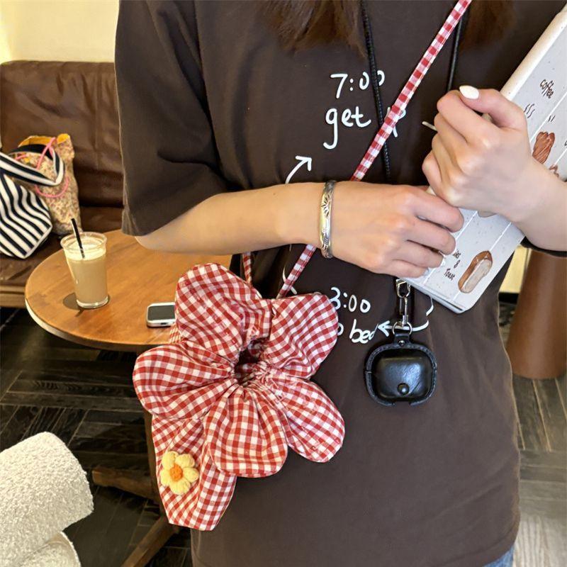 Korean Style Plaid Drawstring Crossbody Bag Large Capacity Canvas Floral Handbag Lightweight for Women Daily Travel Storage Bag