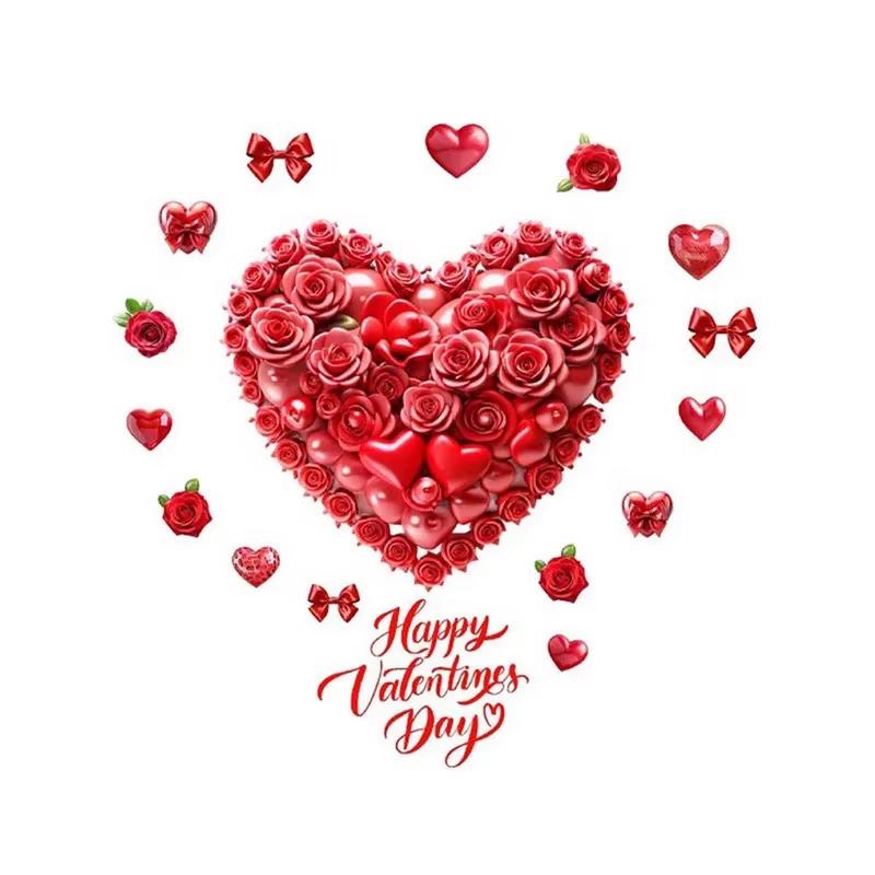 1PC Valentine's Day Window Decor Sticker - Red Rose Heart Balloon PVC Static Cling for Home Room