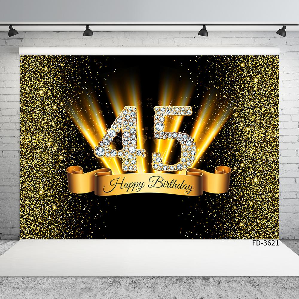 Golden Glitter Light Diamond Photo Backgrounds Custom Prom Backdrop for 45 Happy Birthday Party Photoshoot Photography Props
